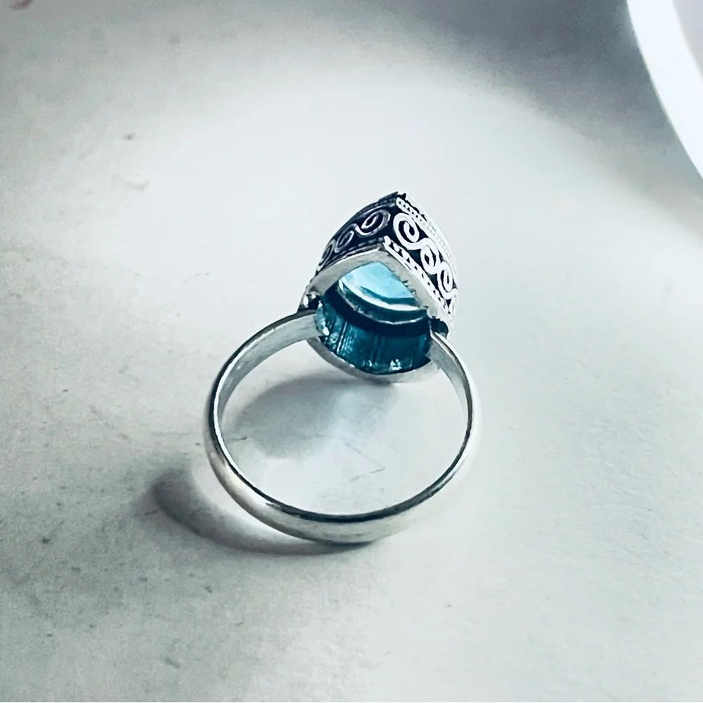New 925 Sterling Silver London Blue Aquamarine Artisten OOAK Water Drop Ring - Picture 9 of 16